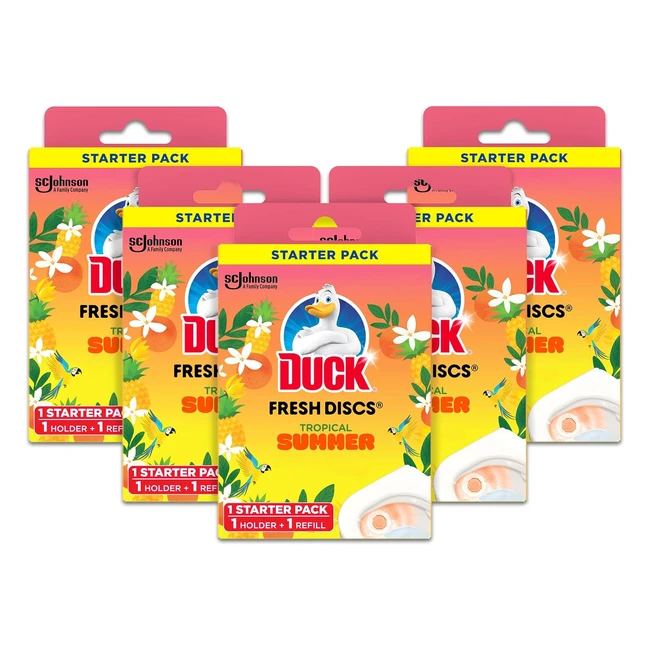 Duck Fresh Discs Toilet Cleaner Starter Kit - Sanitizing & Descaling Gel, Kills Germs & Bacteria - Tropical Summer - Pack of 5 x 36ml