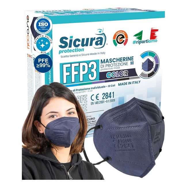 10 Mascherine FFP3 Certificato CE Blu Elastici Neri - Made in Italy - Sicura - PFE 99 - BFE 99