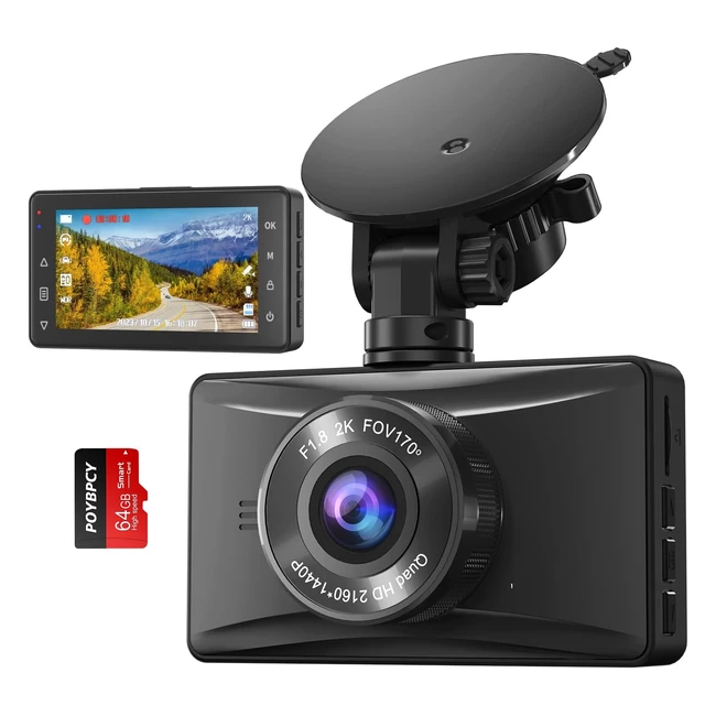 Dashcam auto 2K QHD con scheda SD 64GB - Visione notturna grandangolo 170 re