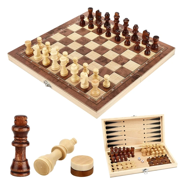 Jeu d'échecs 3 en 1 en bois - Chess Board pour enfants et adultes - Portable et pliable - 29x29x2cm
