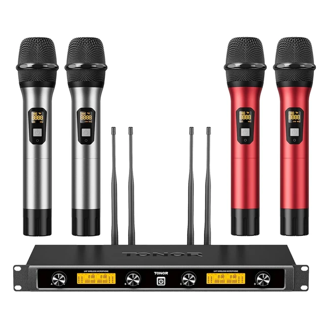 Tonor Sistema Micrófonos Inalámbricos 4x5 UHF 90m - Ideal Karaoke Canto Boda - Rojo