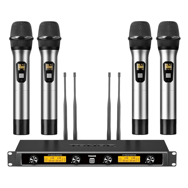 Sistema de Micrófonos Inalámbricos TONOR 4x5 Canal UHF - Ideal para Karaoke, Canto, Boda - Plata