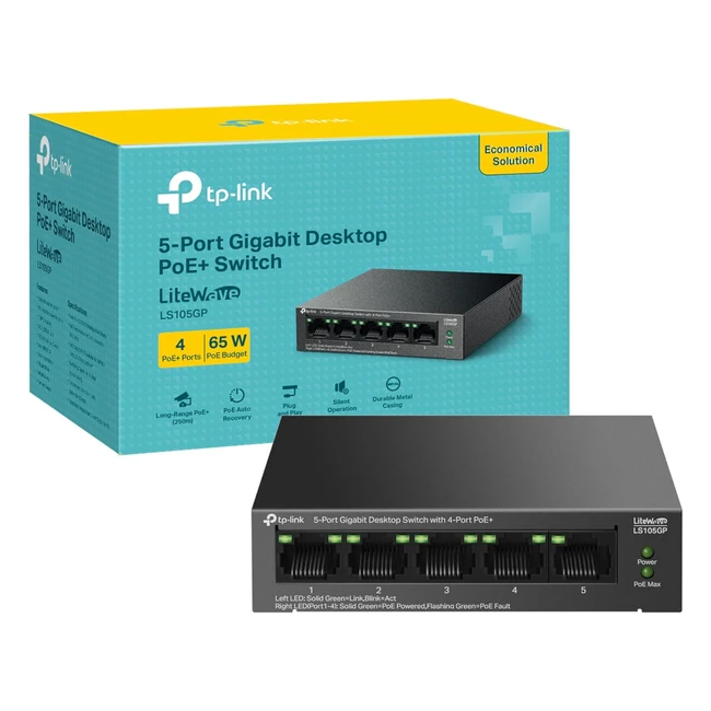 TPLink 5-Port Gigabit Desktop Switch with 4-Port PoE | Up to 10 Gbps | 65W Budget