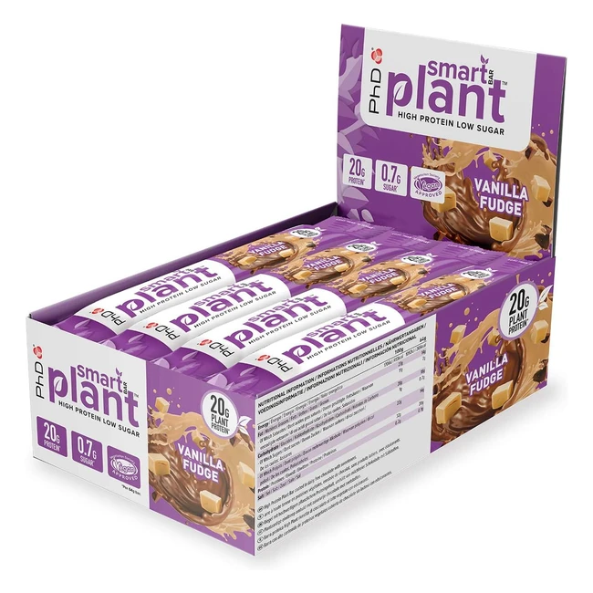 PHD Nutrition Smart Plant Bar - Low Calorie High Protein Vegan Bar - Vanilla Fudge Flavor - 20g Plant Protein - 64g Bar - 12 Pack