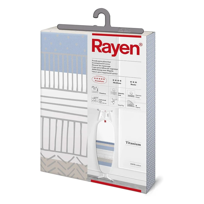 Funda Tabla de Planchar Rayen Universal - Ajuste Easyclip - 4 Capas Espuma Muletón - 100% Algodón Calidad Titanium - Medida 130x47 cm