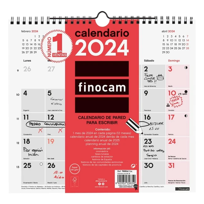 Calendario de pared Finocam 2024 neutro | Enero-Diciembre | 12 meses | Español
