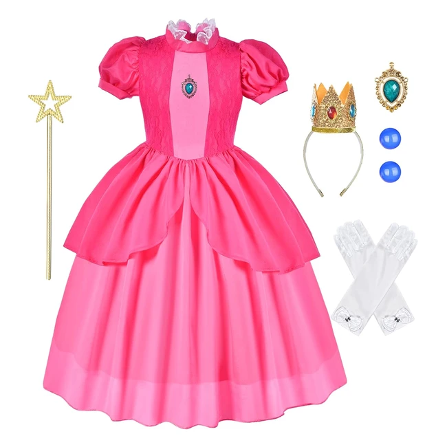 Aomig Princess Peach Costume for Girls - Super Bros Pink Princess Dress Up - Cosplay Halloween