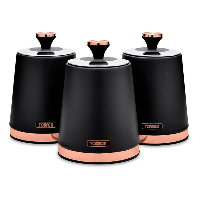 Tower T826131BLK Cavaletto Set of 3 Storage Canisters - Tea Coffee Sugar - Black & Rose Gold