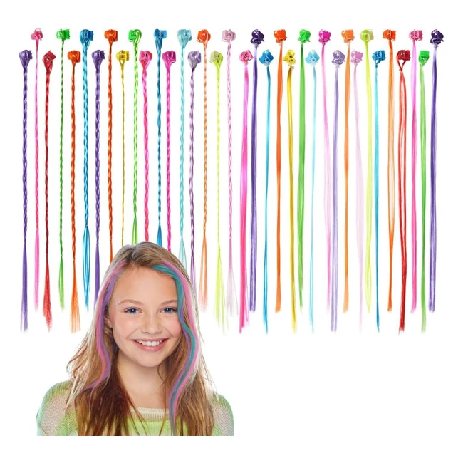 aomig 36 pcs Kids Hair Extensions Rainbow Braid Hair Clips | Colorful Accessories for Christmas Festival