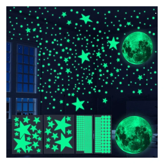 Pegatinas de pared luminosas 435pcs - Estrellas fluorescentes para techo - Luna y puntos - Habitación infantil