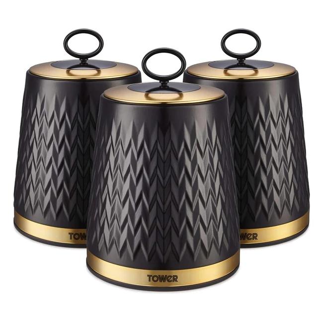 Tower T826091BLK Empire Set of 3 Storage Canisters - Tea Coffee Sugar - Black and Brass
