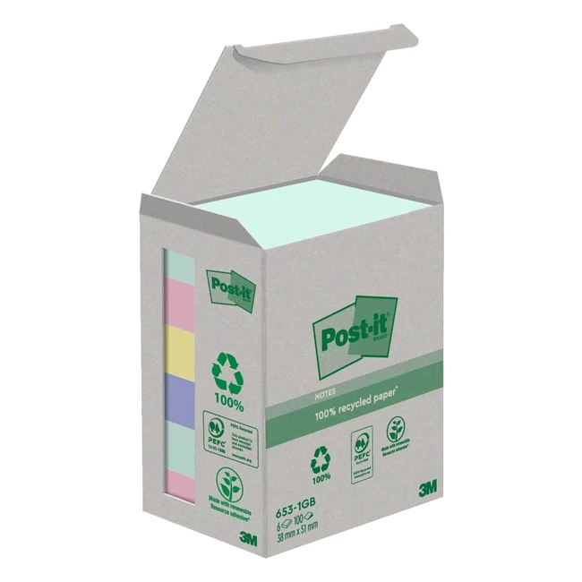 Post-it foglietti in carta riciclata al 100% - Confezione da 6 blocchetti - 100 fogli per blocco - 38mm x 51mm