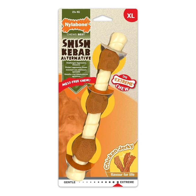 Nylabone Giocattolo Masticabile per Cani Potenti - Formato Shish Kebab al Sapore di Carne di Pollo Essiccata - 23kg+