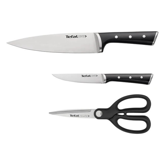 Tefal K232S355 Ice Force 3-teiliges Messerset - Kochmesser, Universalmesser, Küchenschere - Deutsche Edelstahlklinge - Langlebige Schneidleistung und Schärfe - Edelstahl/Schwarz