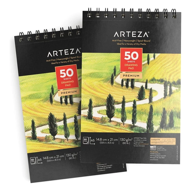 Arteza Drawing Pad A5 2 Pack - Spiral Bound Artist Sketch Books - 50 Sheets Each