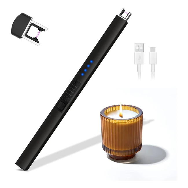Accendino Elettrico Rouclo USB Ricaricabile - Indicatore Batteria - Accendino Lungo per Candele, Stufe, Barbecue - Nero