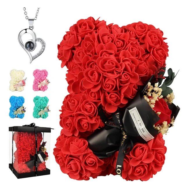 Ourson en rose avec collier, bouquet de roses - Cadeau Saint-Valentin