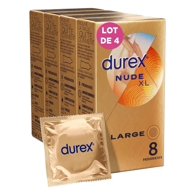 Durex Nude XL - Préservatifs homme fins et extra larges - Lot de 4 x 8 pièces