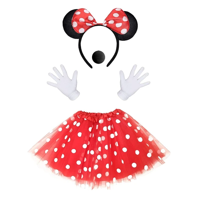 Disfraz de ratón para mujer - Tutú rojo con lunares blancos - Incluye diadema, orejas, guantes y nariz - Disfraces lindos para cosplay y fiesta temática