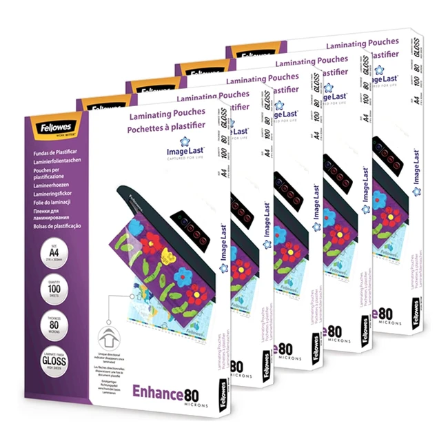 Fellowes A4 Laminating Pouches - Gloss Finish - 500 Sheets - High Quality - Imagelast Directional Quality Mark
