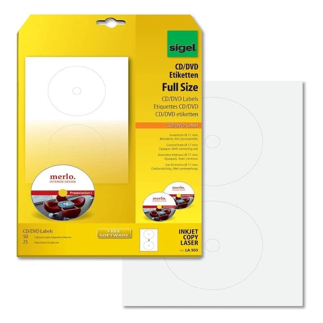 Etichette per CD/DVD Sigel LA505 bianche coprenti con centratore - 50 etichette