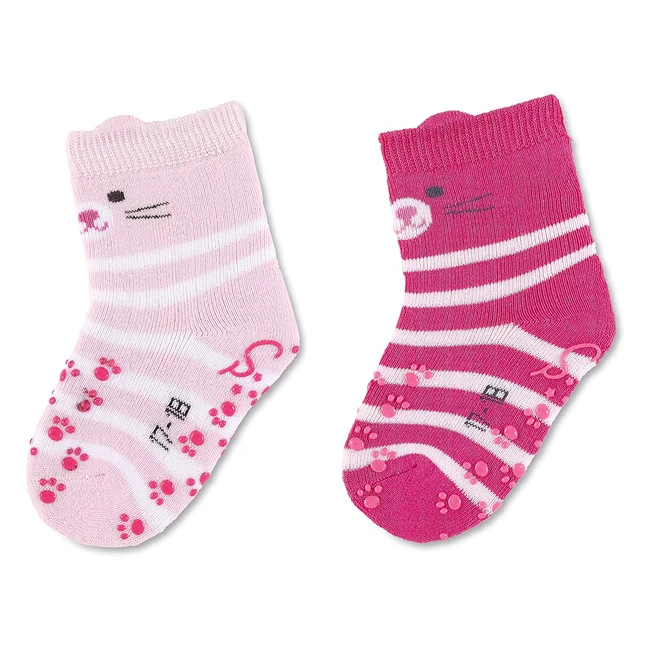 Sterntaler 8111921 Baby Mädchen Krabbelsocken gefüttert 2er Pack rutschfeste Socken mit rutschfester ABS-Sohle Katze Pink Pink