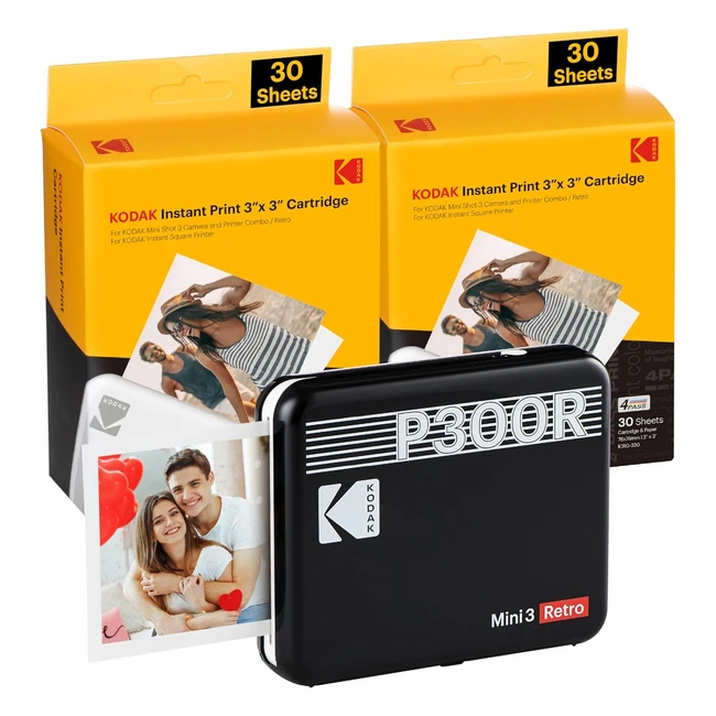 Kodak Mini 3 Retro 4Pass Fotodrucker - Tragbar & Kompakt - Hohe Fotoqualität - AR App - Randlose Fotos - Paket mit 68 Blättern - Schwarz