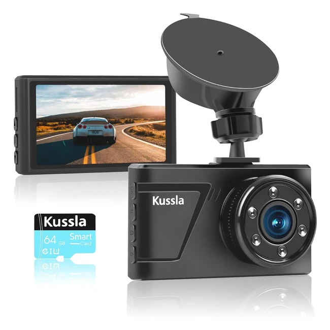 Kussla Dash Cam Front 1080p FHD with 64GB Card - Night Vision, Wide Angle, Loop Recording