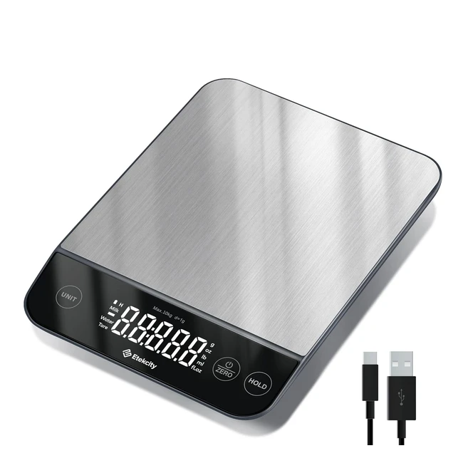 Etekcity 10kg Digital Kitchen Scales - Waterproof USB Rechargeable - LED Display - Hold & Tare Function