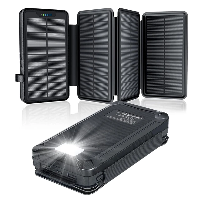 Solar Powerbank 26800mAh Ladegerät mit 4 Solarpanels & Taschenlampe - Externer Akku für Smartphones & Tablets - Outdoor Camping Ladegerät