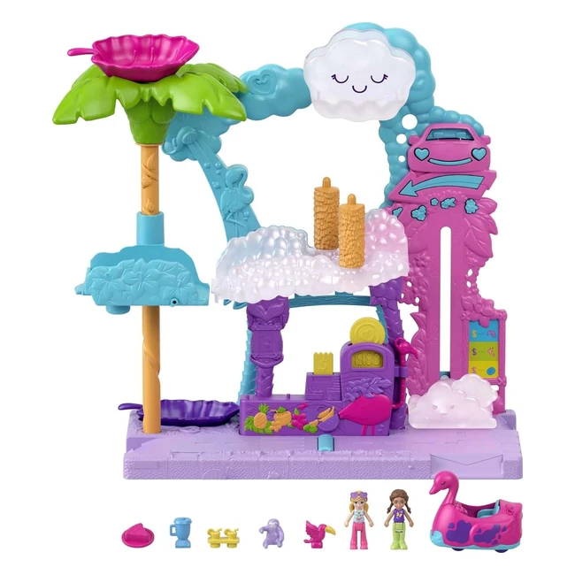 Polly Pocket Pollyville Flamingo Fun Car Wash - Colorchange Water Play - 2 Micro Dolls - Ages 4+