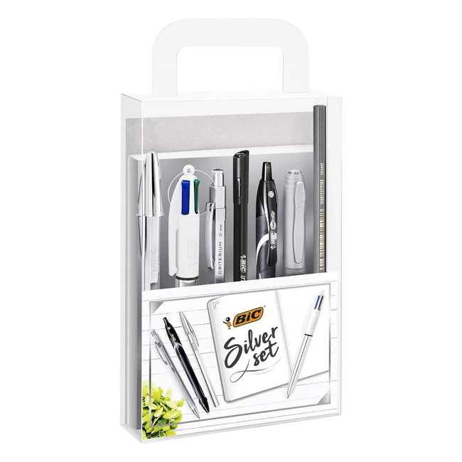 BIC Silver Set - 1 Notebook, 3 Ball Pens, 1 Gel Pen, 1 Roller Pen, 1 Permanent Marker, 1 Mechanical Pencil