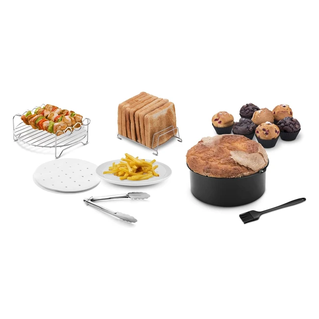 Pack 7 Accessoires pour Friteuse Air Sans Huile Ufesa - A partir de 35L - Moule Gâteau, Grille Brochettes, Grille Toast, Moules Cupcake, Pinceau en Silicone, Pinces et Papier Végétal Sans BPA
