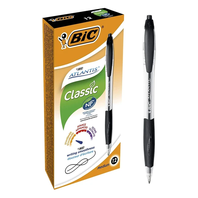 BIC Atlantis Clic Ball Pen - Black, Box of 12 - Medium Point - Retractable with Cushioned Grip