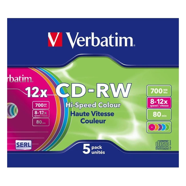 Disco Externo Multicolor Verbatim CD-RW 12x 700MB 5pk Slim OPP Wrap