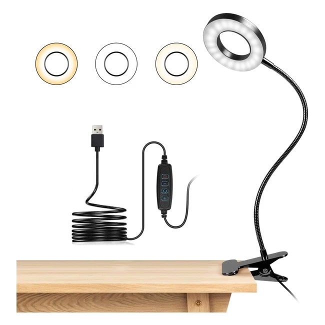 DoWoWDo Desk Lamp Clip On Reading Light - 3 Light Modes 10 Dimmable Brightness E