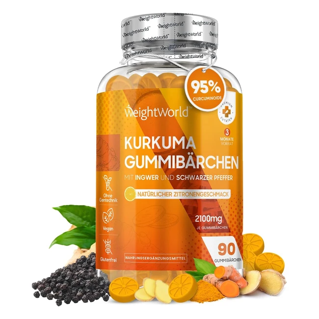 Kurkuma Gummibärchen 2000 mg Curcumin 90 Vitamin Gummibärchen Zitrone 100 mg Ingwer 1000 mcg Schwarzer Pfeffer Vegan Ohne Gelatine für Erwachsene
