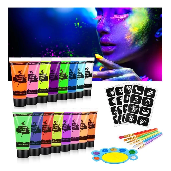 Kit Trucchi Neon 16 Colori Fluo UV Body Paint con Stencil e Pennelli - AOOWU