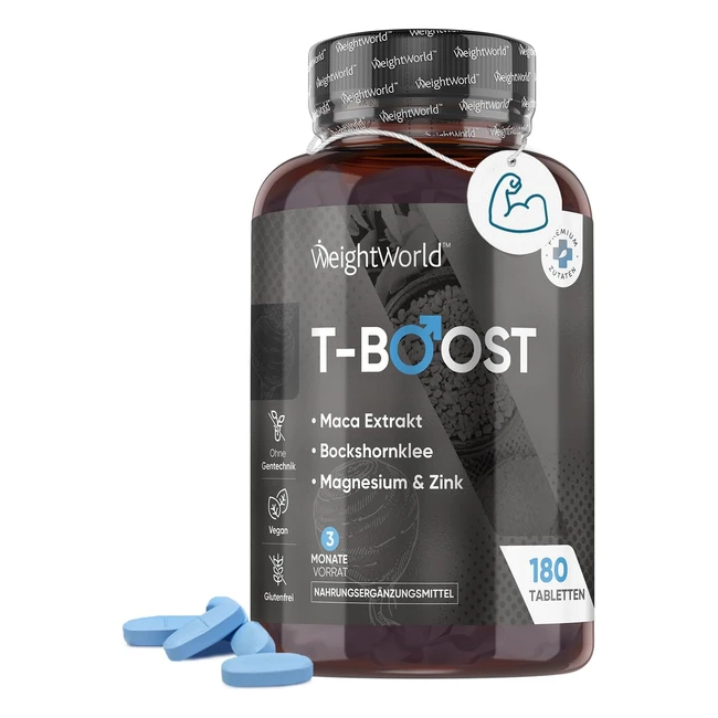 T-Boost 180 Testosteron Tabletten Maca 400mg 101 Potenzmittel für Männer mit Bockshornklee Zink Vitamin A Selen Folsäure Testosteron Booster Muskelaufbau Training Sport