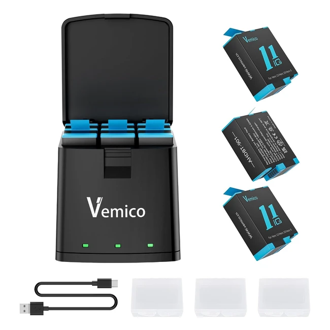 Kit Chargeur Batterie Vemico Hero 11 3 Pack 1800mAh TypeC LED 3 Canaux AHDBT901 