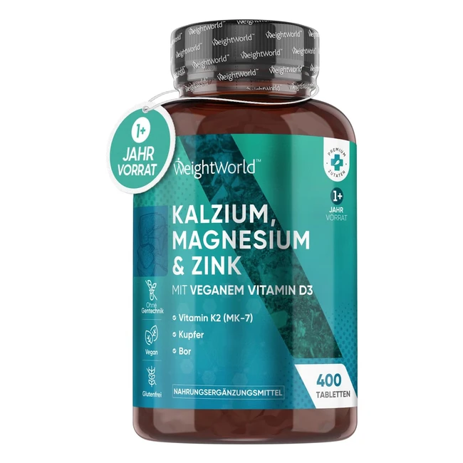 Calcium Magnesium Zinc 400 vegane Tabletten mit Vitamin D3 K2 Selen Mangan Bor 500 mg Calcium Elektrolythaushalt WeightWorld