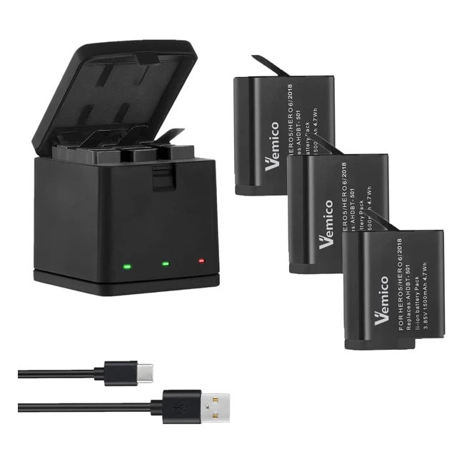 Kit Batterie Chargeur Vemico Hero 765 3 Pack 1500mAh Remplacement TypeC LED Chargeur 3 Canaux