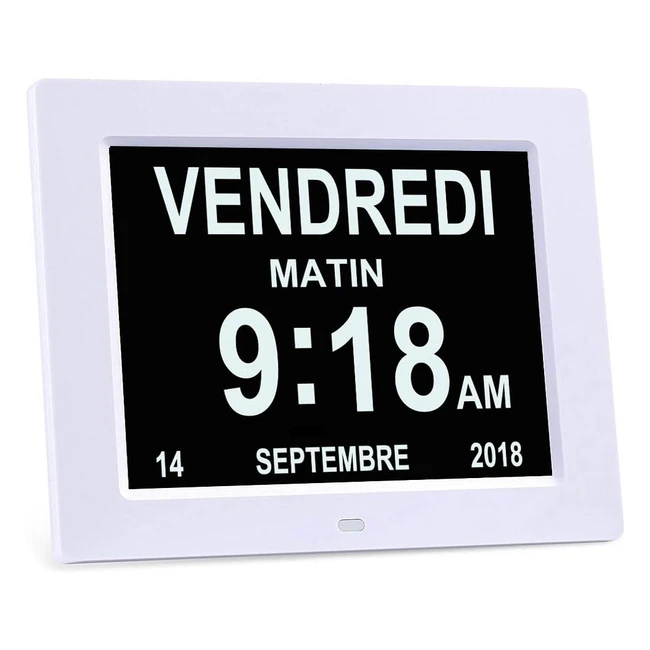 Horloge Numrique Calendrier LCD 8 pouces Alzheimer Blanc - Jour Semaine Mois -