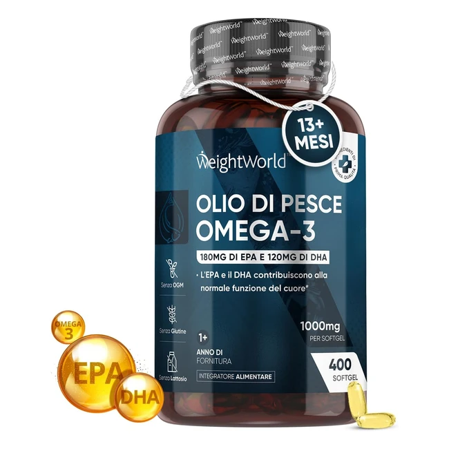 Omega 3 Olio di Pesce 13 Mesi 400 Softgel 1000mg - Cuore Vista Cervello - Senza Retrogusto - Acidi Grassi EPA DHA