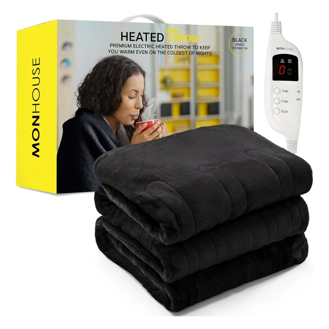 Monhouse Heated Throw Electric Blanket 9 Heat Settings Timer Auto Shutoff Single 130x160cm Black