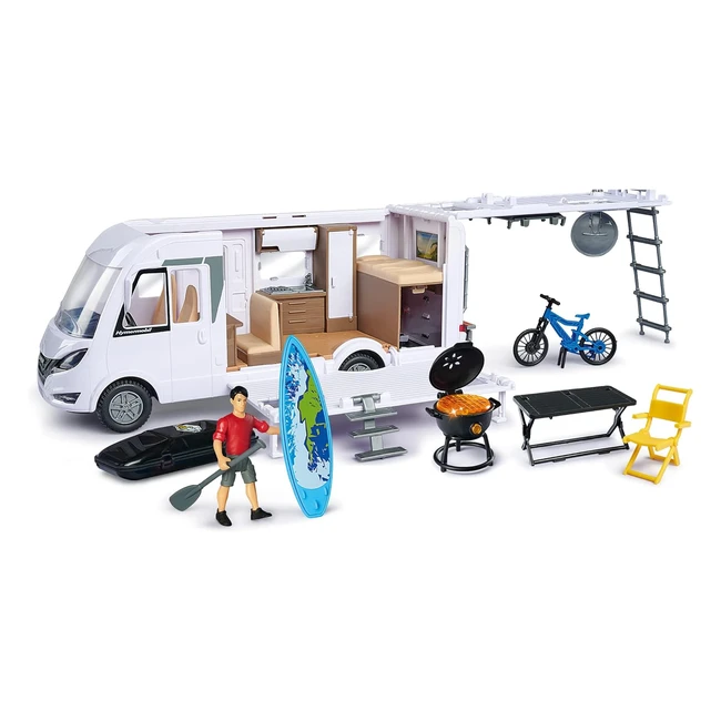 Dickie Toys Playlife Camper Set Hymer B-Class Motorhome - Incluso Personaggio, Ebike, BBQ, Luci, Paddling, Tavolo con Sedia