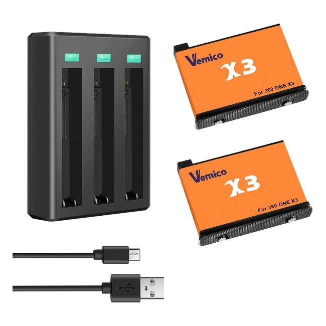 Vemico Insta360 One X3 Chargeur de Batterie Kit Lot de 2 Batteries 1800mAh LED 3