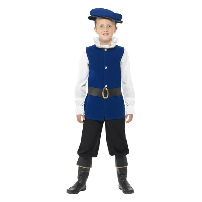 Smiffys Tudor Boy Costume Royal Blue Top Trousers with Boot Covers Belt and Hat