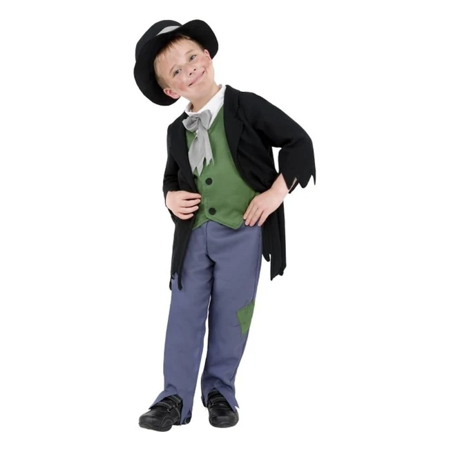 Smiffys Dodgy Victorian Boy Costume - Black Top Trousers Hat - Boys Fancy Dress