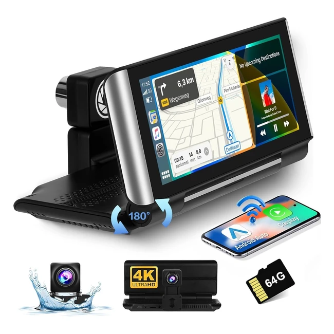 Autoradio Touchscreen Pieghevole 686 Pollici 4K Dashcam Wireless Android Auto Carplay Bluetooth FM SD 64G